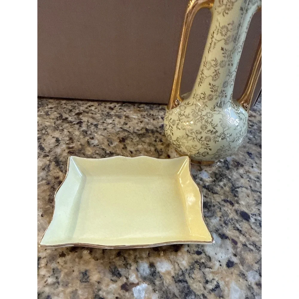 Vintage‎ Decmar USA 22K Gold Filigree Yellow Bud Vase and Trinket Dish Set
